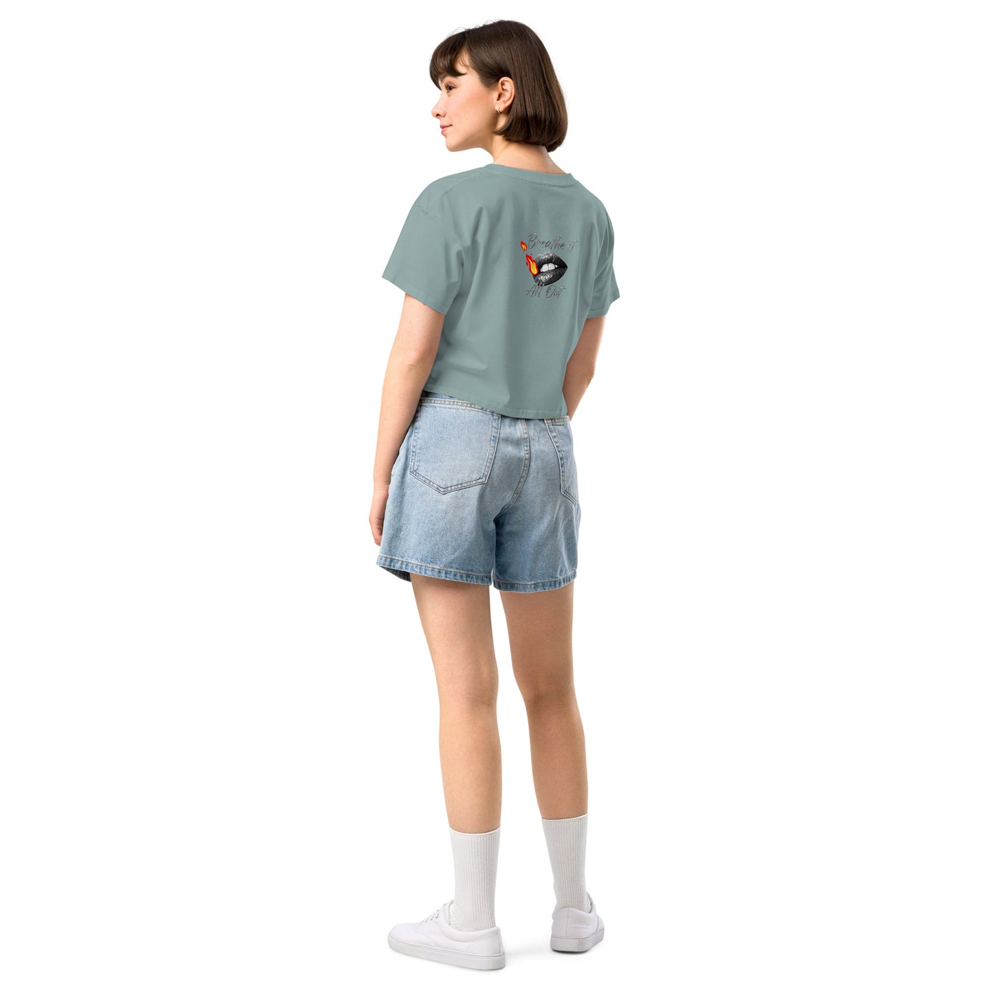 Women's TriDri Crop Top Breathe It All Out lips & flame – Mineral back view | Twilight Vision Music
