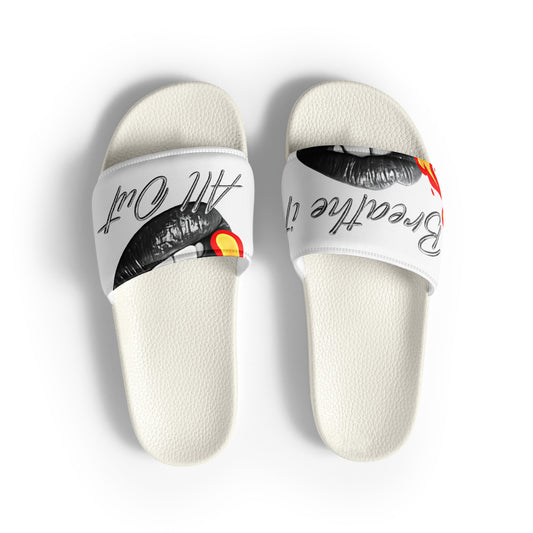 Women's sliders Breathe It All Out lips with flame – White front view | Twilight Vision Music