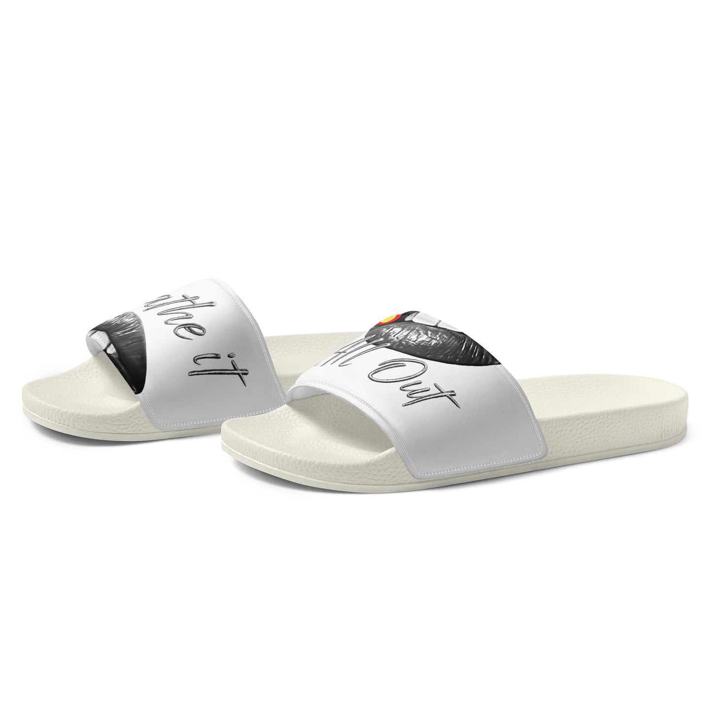 Women's sliders Breathe It All Out lips with flame – White left front angle | Twilight Vision Music
